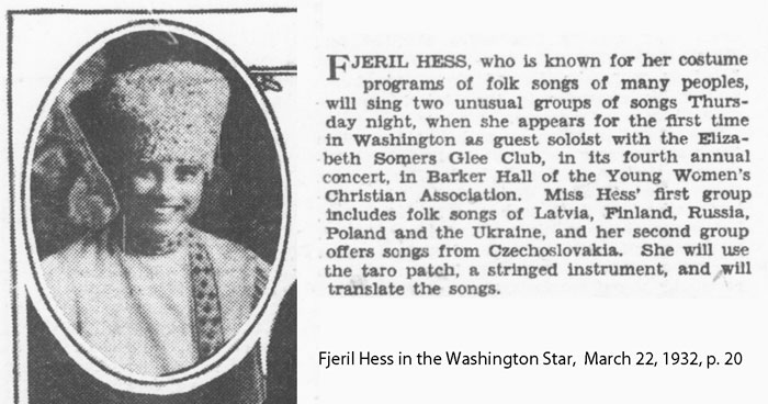 Photo of Fjeril Hess in eastern European garb in a 1931 newspaper with an article about singing eastern European songs